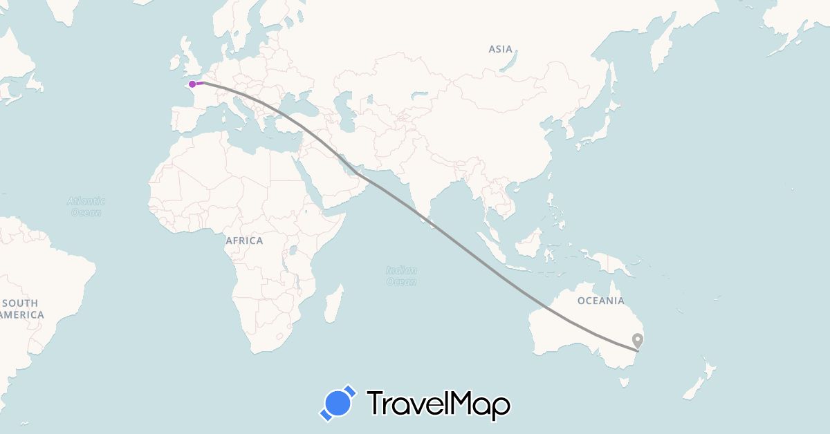 TravelMap itinerary: driving, plane, train in United Arab Emirates, Australia, France (Asia, Europe, Oceania)
